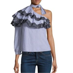 Veronica Beard Isla Striped One Shoulder Blouse